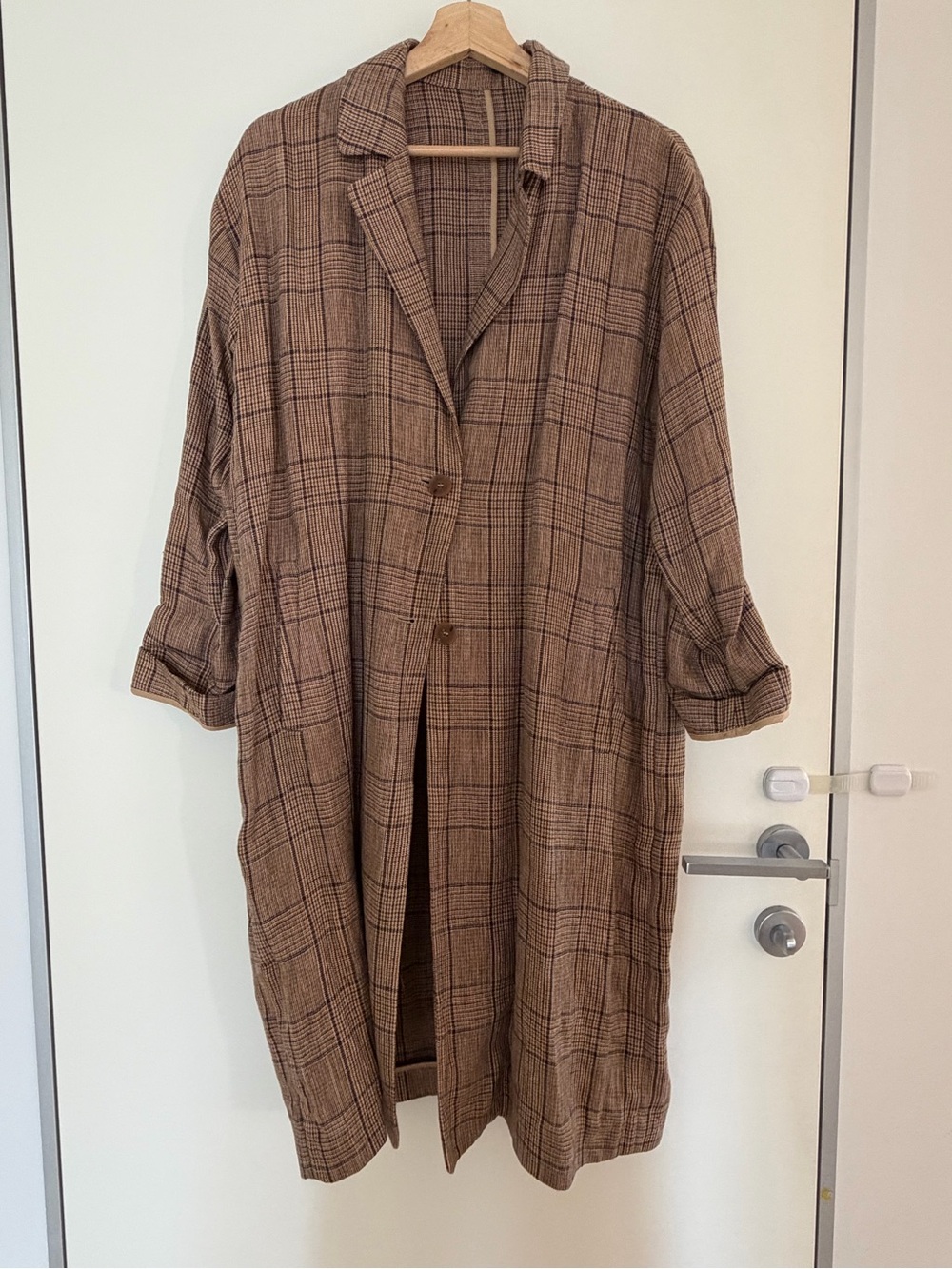 Parisian Plaid Long Button-Front Coatigan in Brown